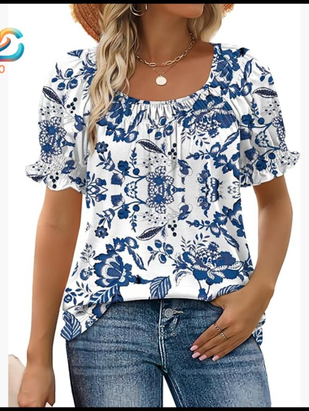 Short Sleeve Square Neck Blouse with Smocked Ruffle Sleeves, Loose Fit